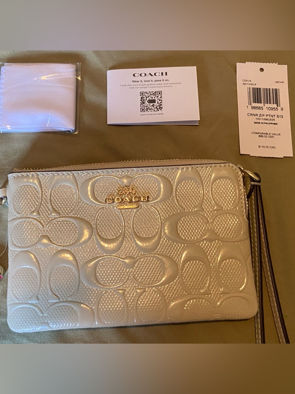 Coach Cream Patent Signature Wristlet with Gold Hardware